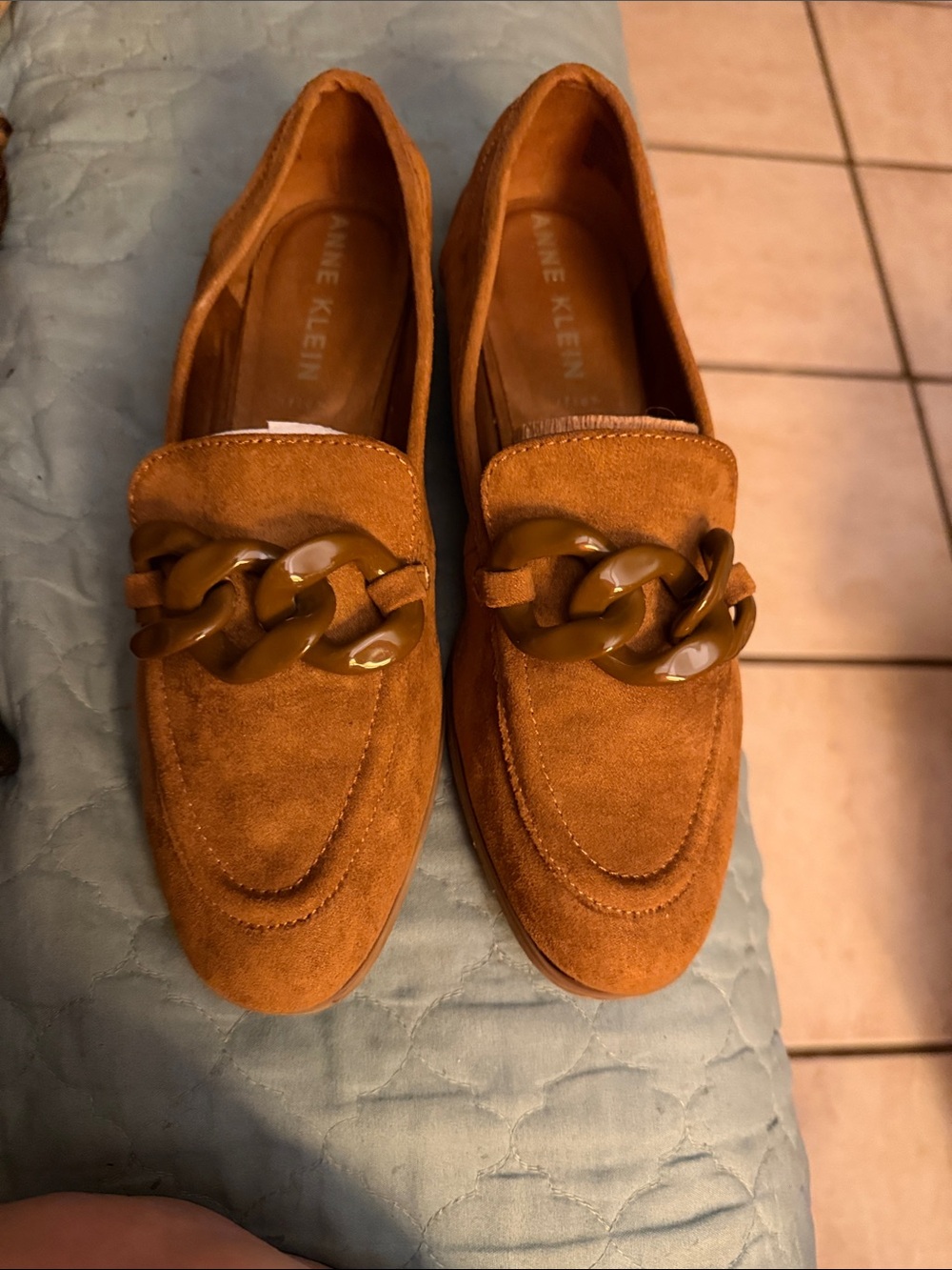 Anne Klein Suede Slip-On Loafers in Tan